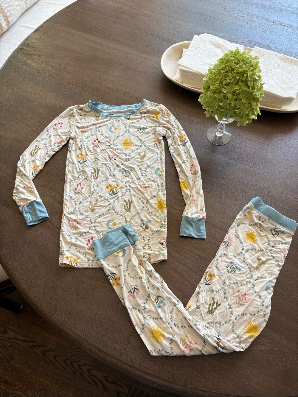 Little Sleepies Cream Desert Floral Pajama Set with Blue Trim